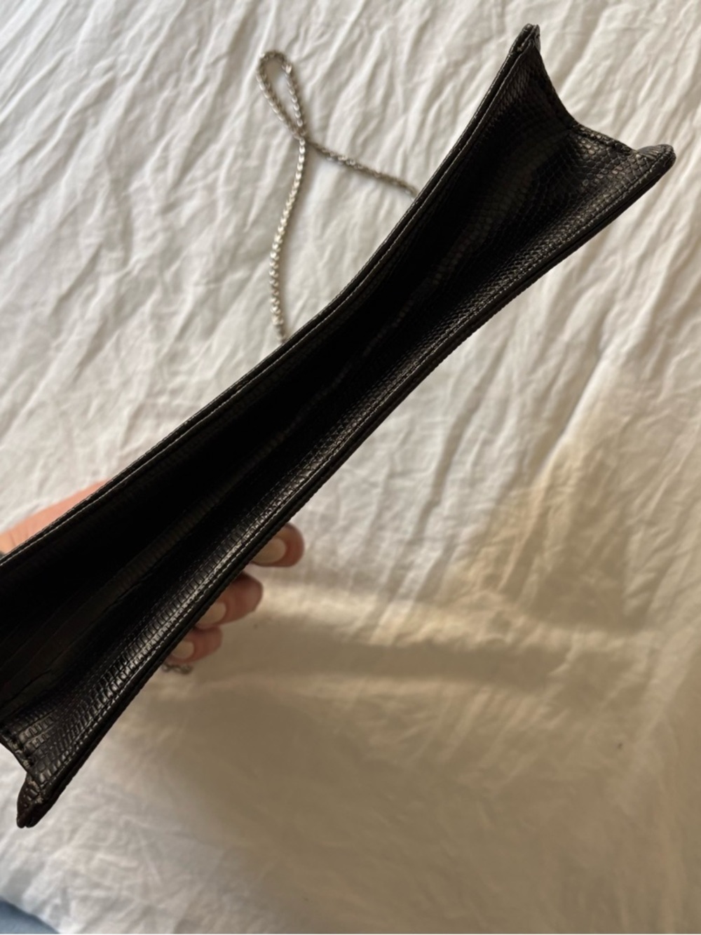 Vintage Black Textured Faux Leather Crossbody Clutch with Silver Chain - Picture 4 of 6